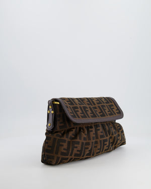 Fendi Brown Zucca Monogram Chef Flap Bag in Fabric with Medallion and Gold Hardware