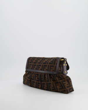 Fendi Brown Zucca Monogram Chef Flap Bag in Fabric with Medallion and Gold Hardware