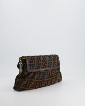 Fendi Brown Zucca Monogram Chef Flap Bag in Fabric with Medallion and Gold Hardware