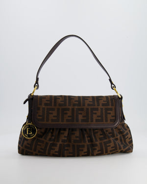 Fendi Brown Zucca Monogram Chef Flap Bag in Fabric with Medallion and Gold Hardware