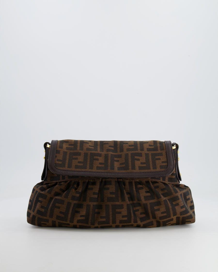 Fendi Brown Zucca Monogram Chef Flap Bag in Fabric with Medallion and Gold Hardware