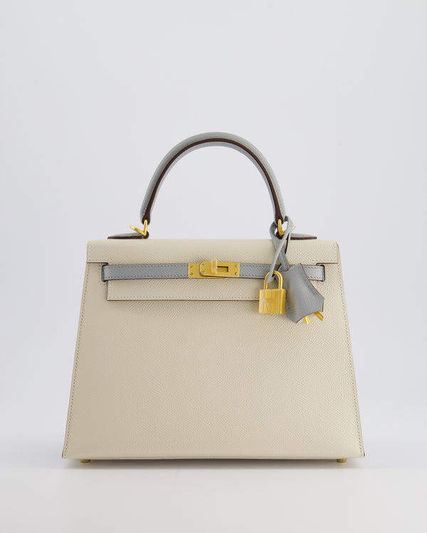 *RARE* Hermès HSS Kelly Sellier 25cm Bag in Craie and Bleu Glacier Epsom Leather with Brushed Gold Hardware