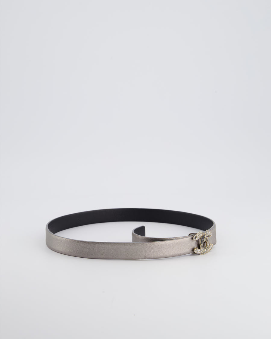 Chanel Metallic Silver Belt with Crystal CC Logo Detail Size 70cm