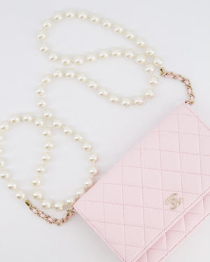 *HOT* Chanel Baby Pink Wallet on Chain in Lambskin Leather with Pearl Strap and Champagne Gold Hardware