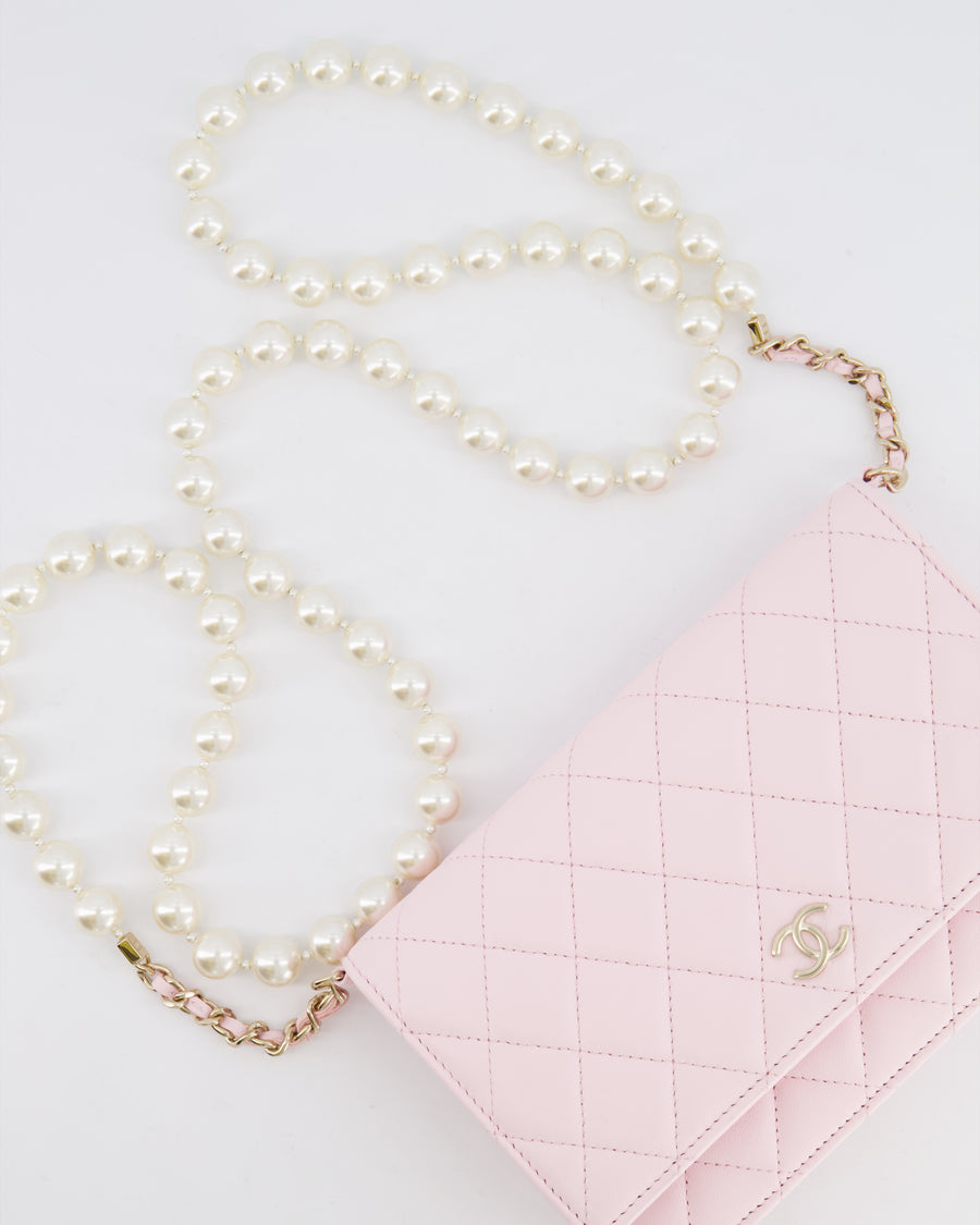 *HOT* Chanel Baby Pink Wallet on Chain in Lambskin Leather with Pearl Strap and Champagne Gold Hardware