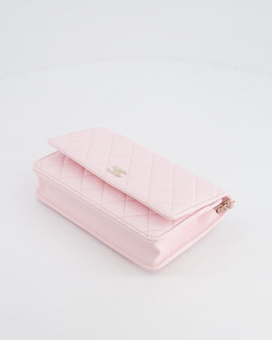 *HOT* Chanel Baby Pink Wallet on Chain in Lambskin Leather with Pearl Strap and Champagne Gold Hardware