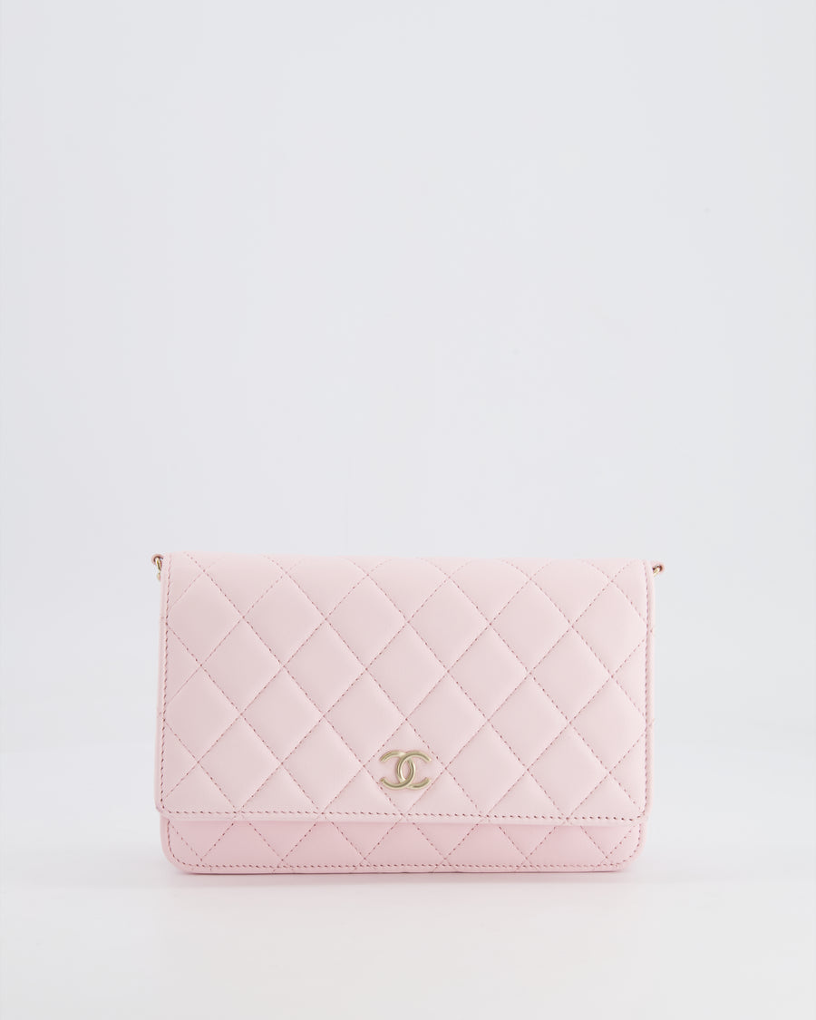 *HOT* Chanel Baby Pink Wallet on Chain in Lambskin Leather with Pearl Strap and Champagne Gold Hardware