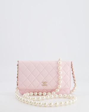 *HOT* Chanel Baby Pink Wallet on Chain in Lambskin Leather with Pearl Strap and Champagne Gold Hardware