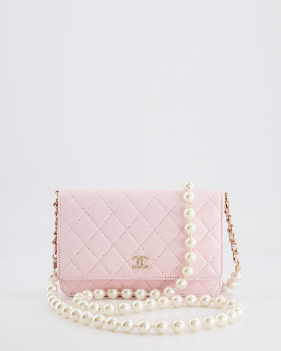 *HOT* Chanel Baby Pink Wallet on Chain in Lambskin Leather with Pearl Strap and Champagne Gold Hardware