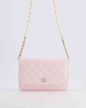 *HOT* Chanel Baby Pink Wallet on Chain in Lambskin Leather with Pearl Strap and Champagne Gold Hardware