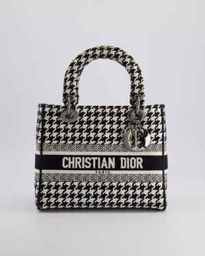 *RARE* Christian Dior Black, White Medium Houndstooth Lady Dior Bag Canvas with Silver Hardware