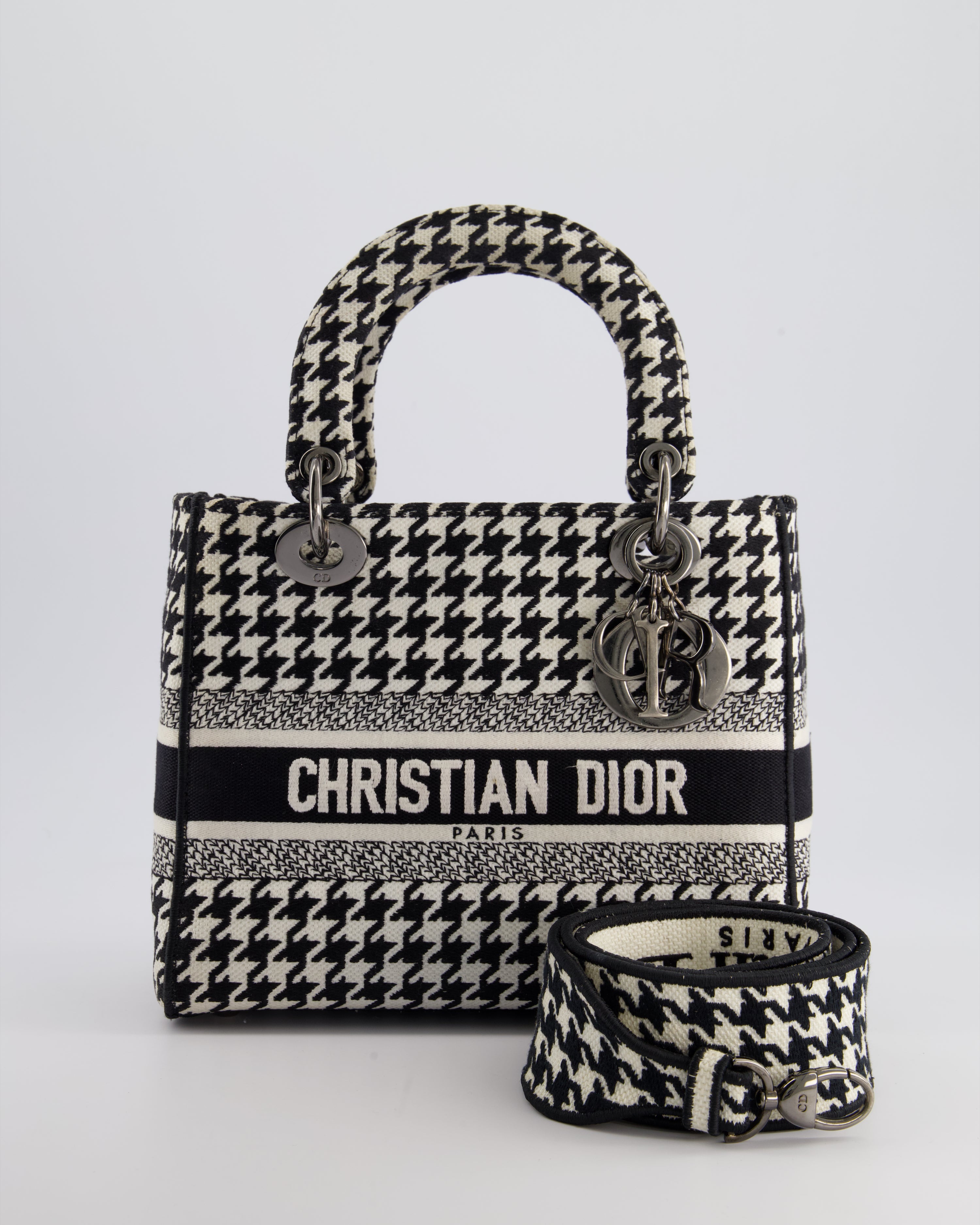 RARE Christian Dior Black White Medium Houndstooth Lady Dior Bag Ca Sellier