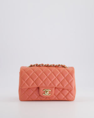 *HOT* Chanel Pearlescent Coral Pink Mini Rectangular Classic Single Flap Bag in Lambskin Leather with Champagne Gold Hardware