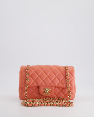 *HOT* Chanel Pearlescent Coral Pink Mini Rectangular Classic Single Flap Bag in Lambskin Leather with Champagne Gold Hardware