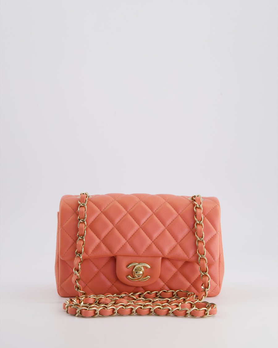 *HOT* Chanel Pearlescent Coral Pink Mini Rectangular Classic Single Flap Bag in Lambskin Leather with Champagne Gold Hardware