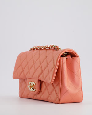 *HOT* Chanel Pearlescent Coral Pink Mini Rectangular Classic Single Flap Bag in Lambskin Leather with Champagne Gold Hardware