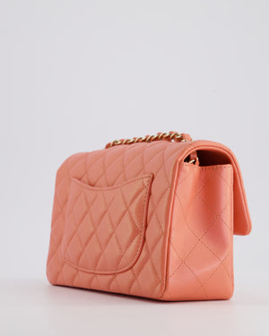 *HOT* Chanel Pearlescent Coral Pink Mini Rectangular Classic Single Flap Bag in Lambskin Leather with Champagne Gold Hardware