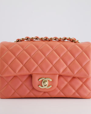 *HOT* Chanel Pearlescent Coral Pink Mini Rectangular Classic Single Flap Bag in Lambskin Leather with Champagne Gold Hardware