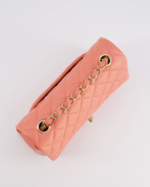 *HOT* Chanel Pearlescent Coral Pink Mini Rectangular Classic Single Flap Bag in Lambskin Leather with Champagne Gold Hardware