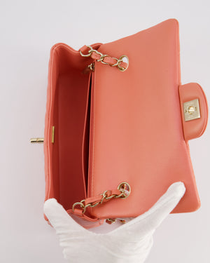 *HOT* Chanel Pearlescent Coral Pink Mini Rectangular Classic Single Flap Bag in Lambskin Leather with Champagne Gold Hardware