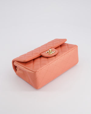 *HOT* Chanel Pearlescent Coral Pink Mini Rectangular Classic Single Flap Bag in Lambskin Leather with Champagne Gold Hardware