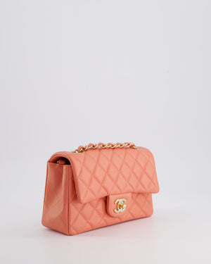 *HOT* Chanel Pearlescent Coral Pink Mini Rectangular Classic Single Flap Bag in Lambskin Leather with Champagne Gold Hardware