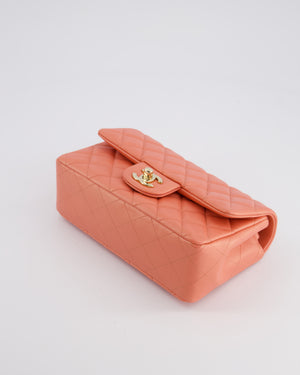 *HOT* Chanel Pearlescent Coral Pink Mini Rectangular Classic Single Flap Bag in Lambskin Leather with Champagne Gold Hardware