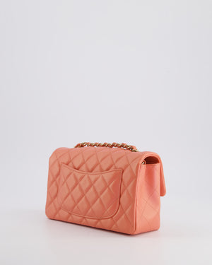 *HOT* Chanel Pearlescent Coral Pink Mini Rectangular Classic Single Flap Bag in Lambskin Leather with Champagne Gold Hardware