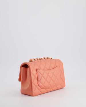 *HOT* Chanel Pearlescent Coral Pink Mini Rectangular Classic Single Flap Bag in Lambskin Leather with Champagne Gold Hardware