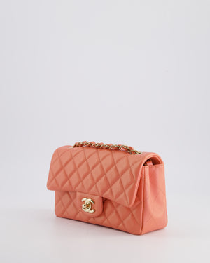 *HOT* Chanel Pearlescent Coral Pink Mini Rectangular Classic Single Flap Bag in Lambskin Leather with Champagne Gold Hardware