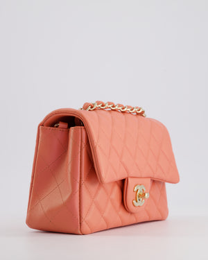 *HOT* Chanel Pearlescent Coral Pink Mini Rectangular Classic Single Flap Bag in Lambskin Leather with Champagne Gold Hardware