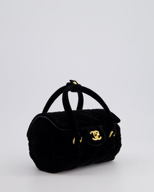 *RARE & HOT* Chanel Black Cylindrical Mini Flap Bag with Handles In Velvet and Brushed Gold Hardware