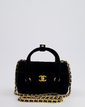 *RARE & HOT* Chanel Black Cylindrical Mini Flap Bag with Handles In Velvet and Brushed Gold Hardware