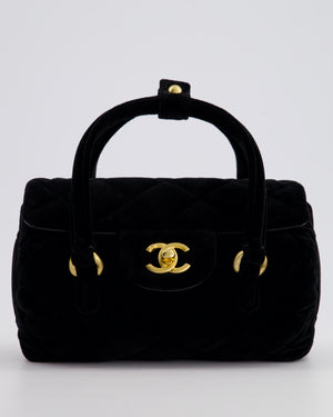 *RARE & HOT* Chanel Black Cylindrical Mini Flap Bag with Handles In Velvet and Brushed Gold Hardware