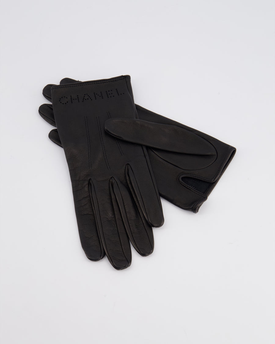 Chanel Black Lambskin Leather Logo Gloves Size 7