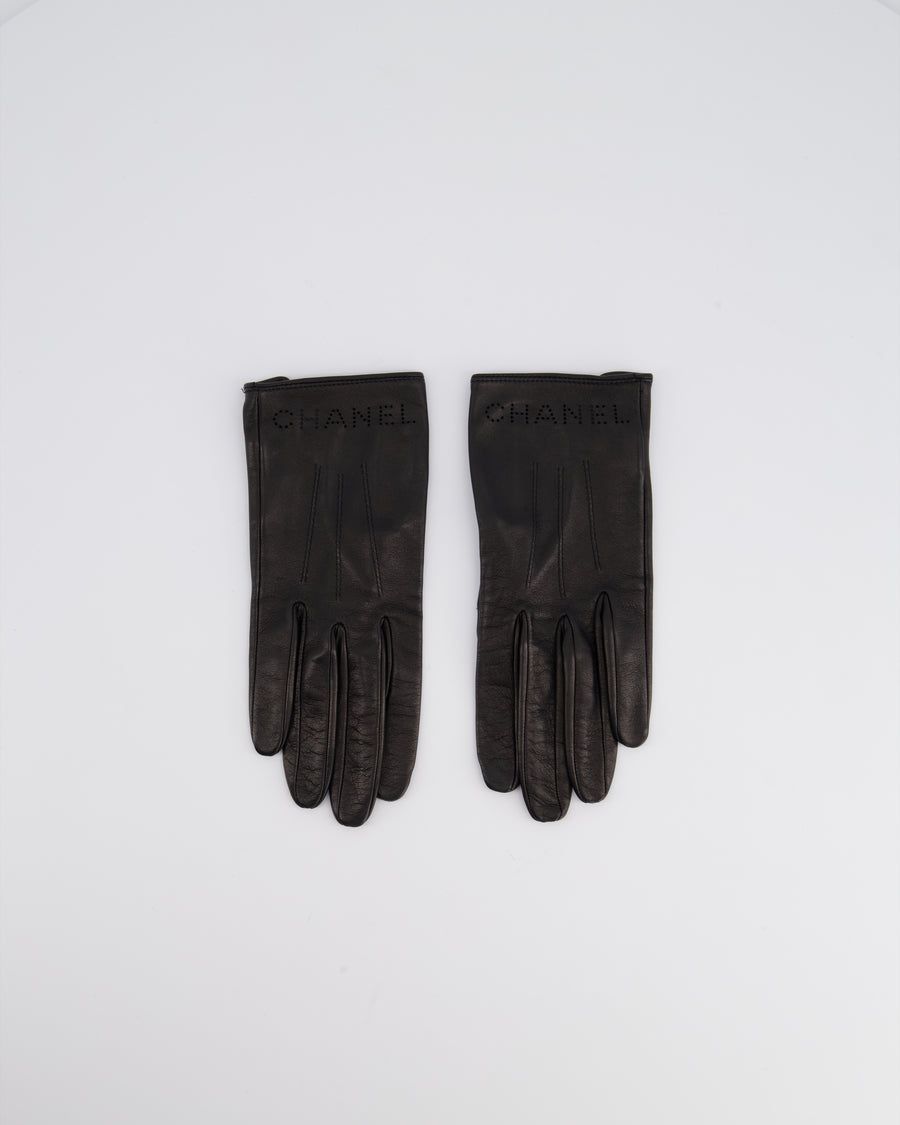 Chanel Black Lambskin Leather Logo Gloves Size 7