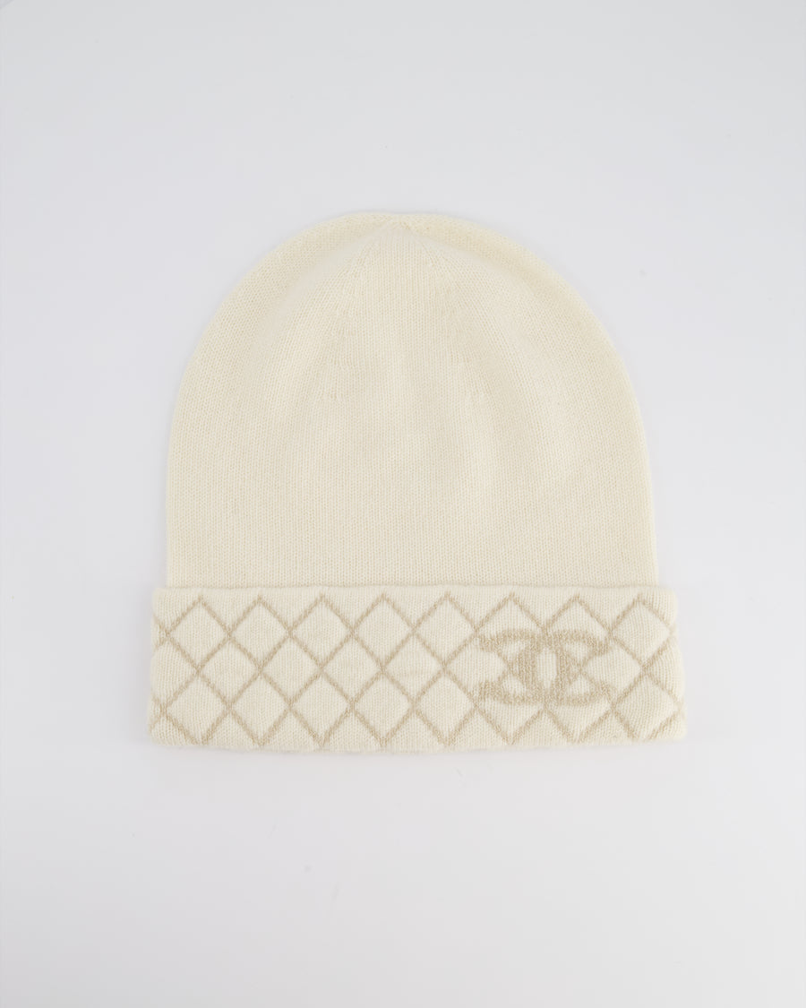 Chanel Ivory CC Quilted Stitched Beanie Hat Size O/S