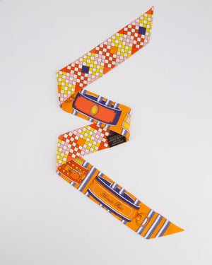 Hermès Orange Diamond Print Checkered Reversible Twilly Scarf