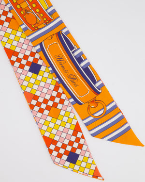 Hermès Orange Diamond Print Checkered Reversible Twilly Scarf