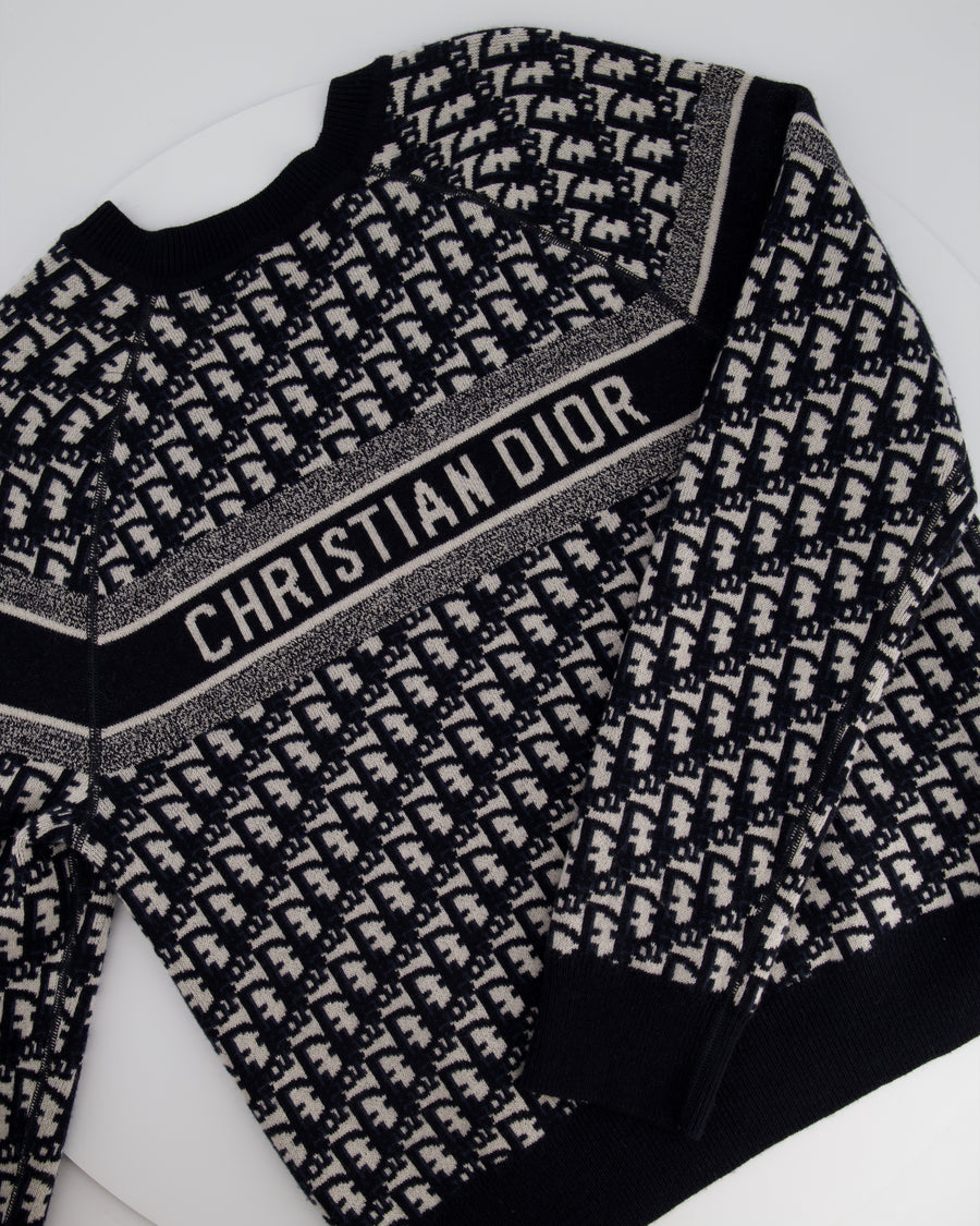 Christian Dior Blue Oblique Print Long Sleeve Jumper with Logo Detail Size FR 36 (UK 8)