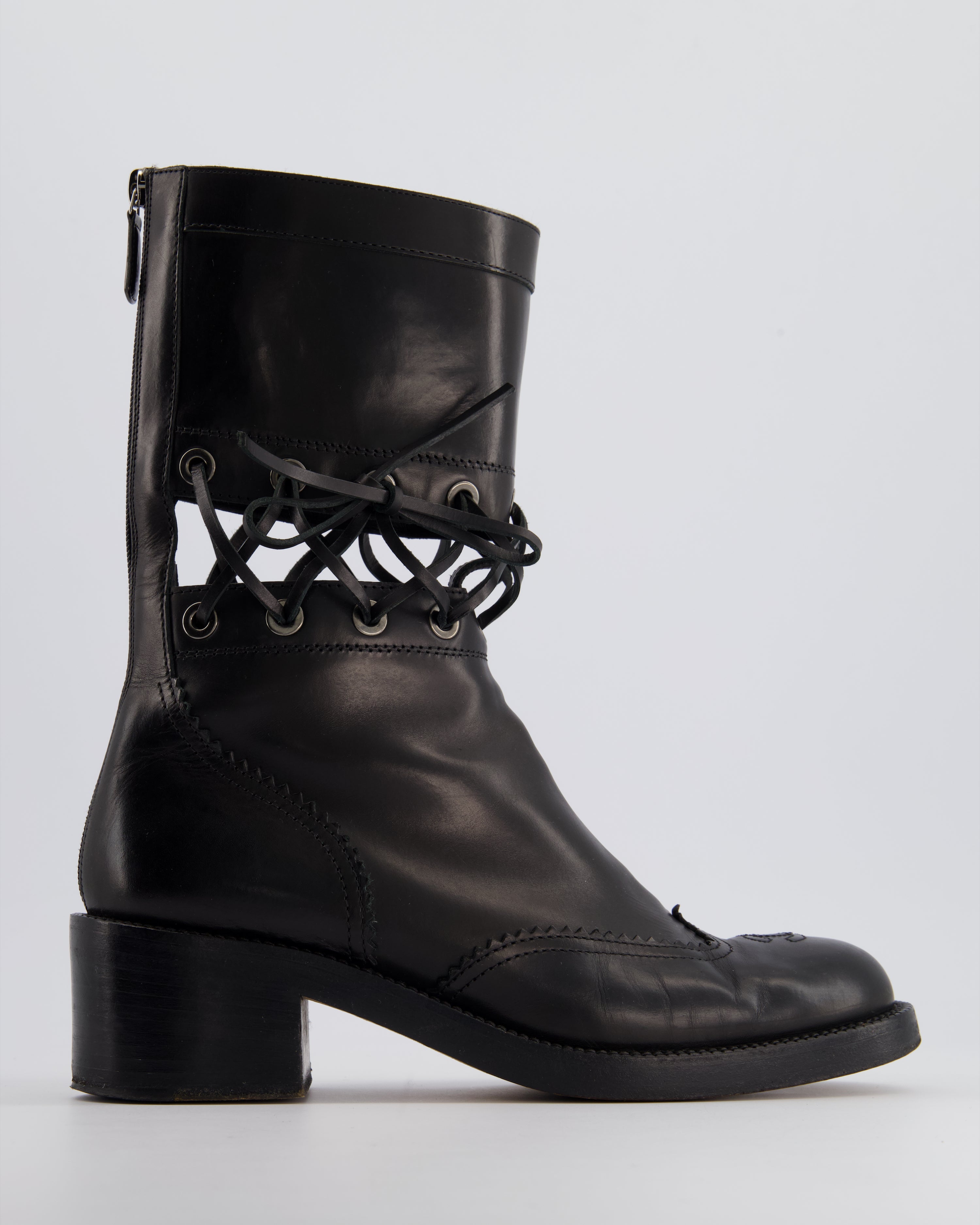 RUNWAY Chanel Black Lace Up Insert Detail CC Logo Boots Size EU 40.5