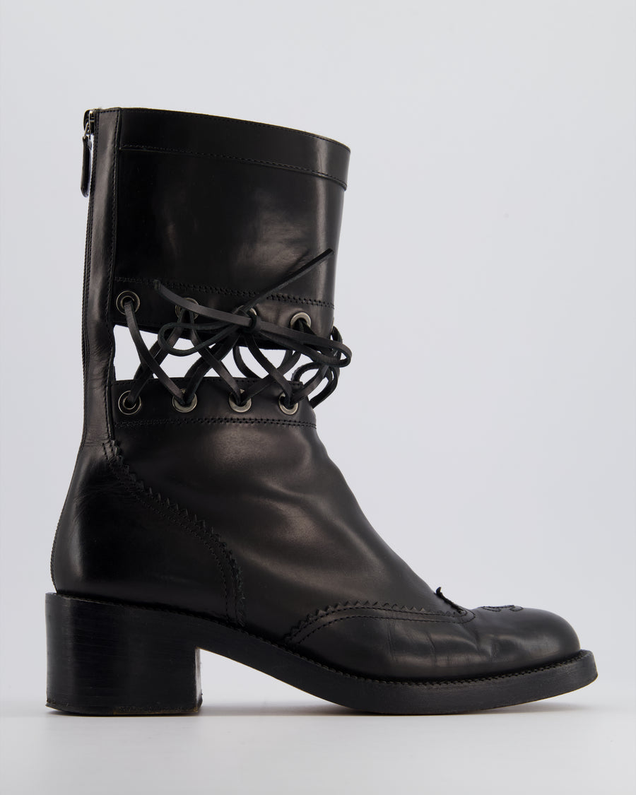 *RUNWAY* Chanel Black Lace Up Insert Detail CC Logo Boots Size EU 40.5