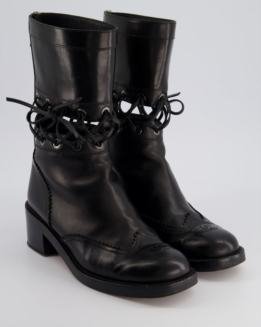 *RUNWAY* Chanel Black Lace Up Insert Detail CC Logo Boots Size EU 40.5