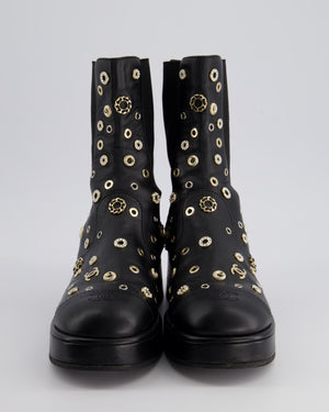 Chanel Black Lambskin Leather Platform Boots with CC, Pearl and Diamond Details Size EU 40