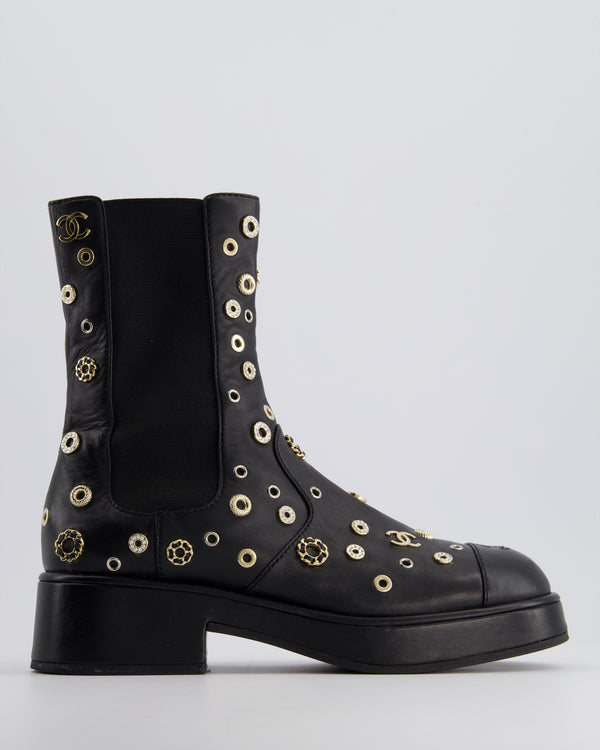 Chanel Black Lambskin Leather Platform Boots with CC, Pearl and Diamond Details Size EU 41