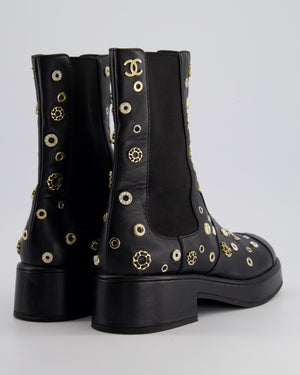 Chanel Black Lambskin Leather Platform Boots with CC, Pearl and Diamond Details Size EU 40