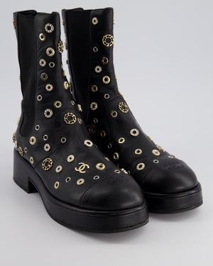 Chanel Black Lambskin Leather Platform Boots with CC, Pearl and Diamond Details Size EU 41