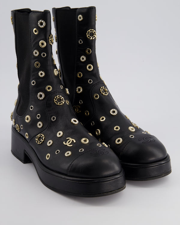 Chanel Black Lambskin Leather Platform Boots with CC, Pearl and Diamond Details Size EU 40