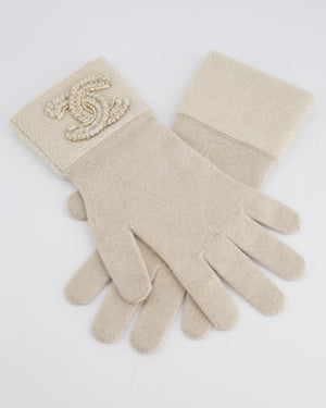 Chanel Beige Knitted Cashmere Lambskin Leather Logo Gloves Size 7