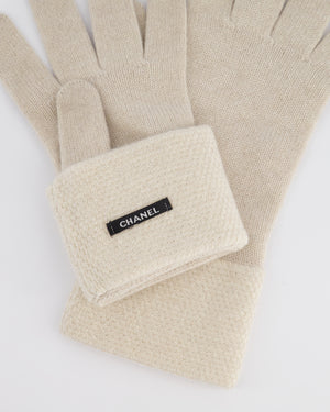 Chanel Beige Knitted Cashmere Lambskin Leather Logo Gloves Size 7